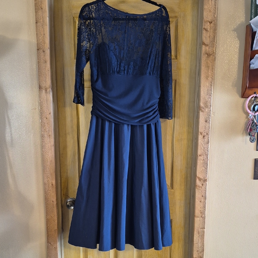 Jessica Howard Navy Long Sleeve Lace Dress Size 16 Tea Length Formal Taffeta